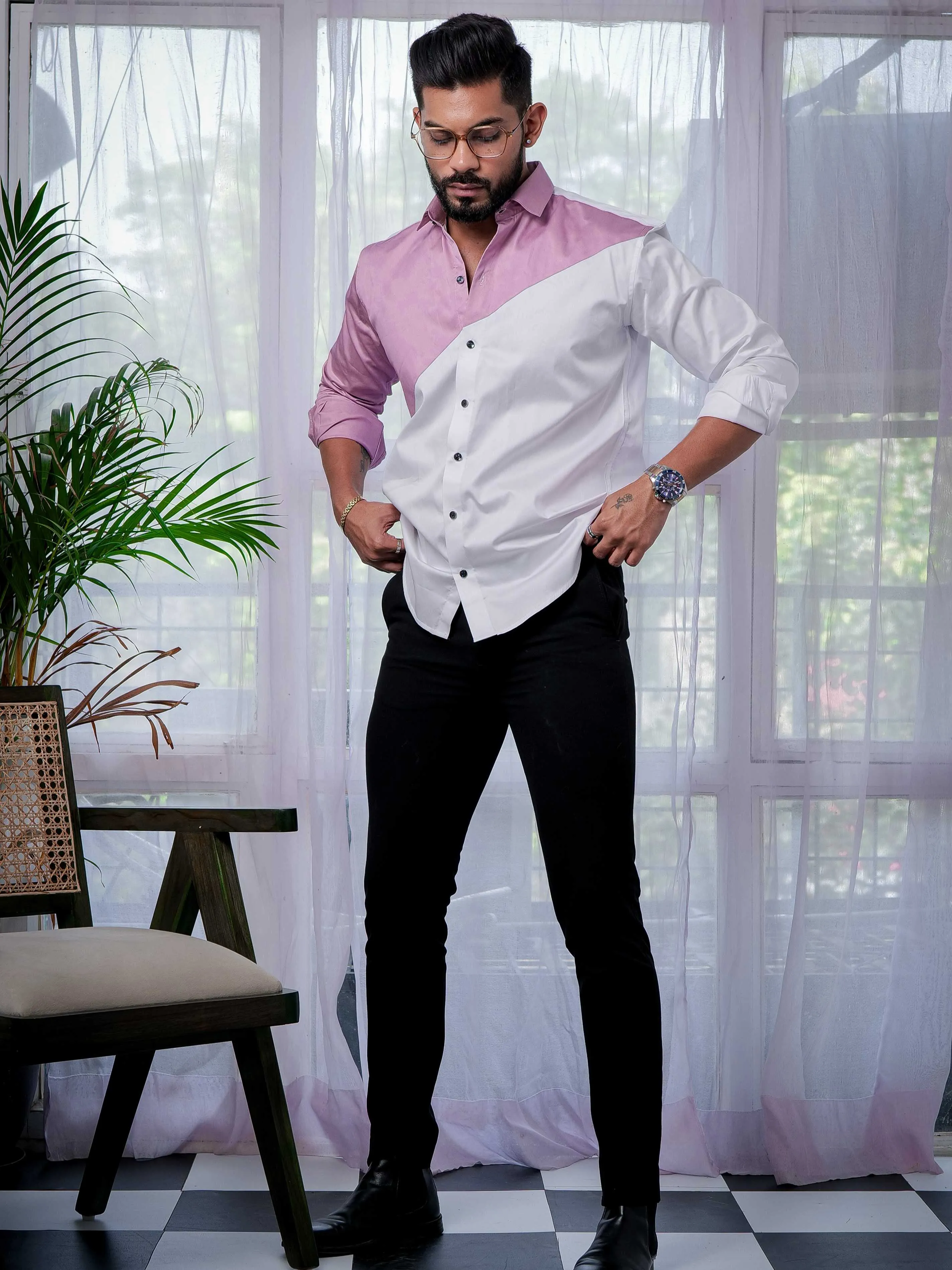White And Purple Designer Satin Cotton Shirt