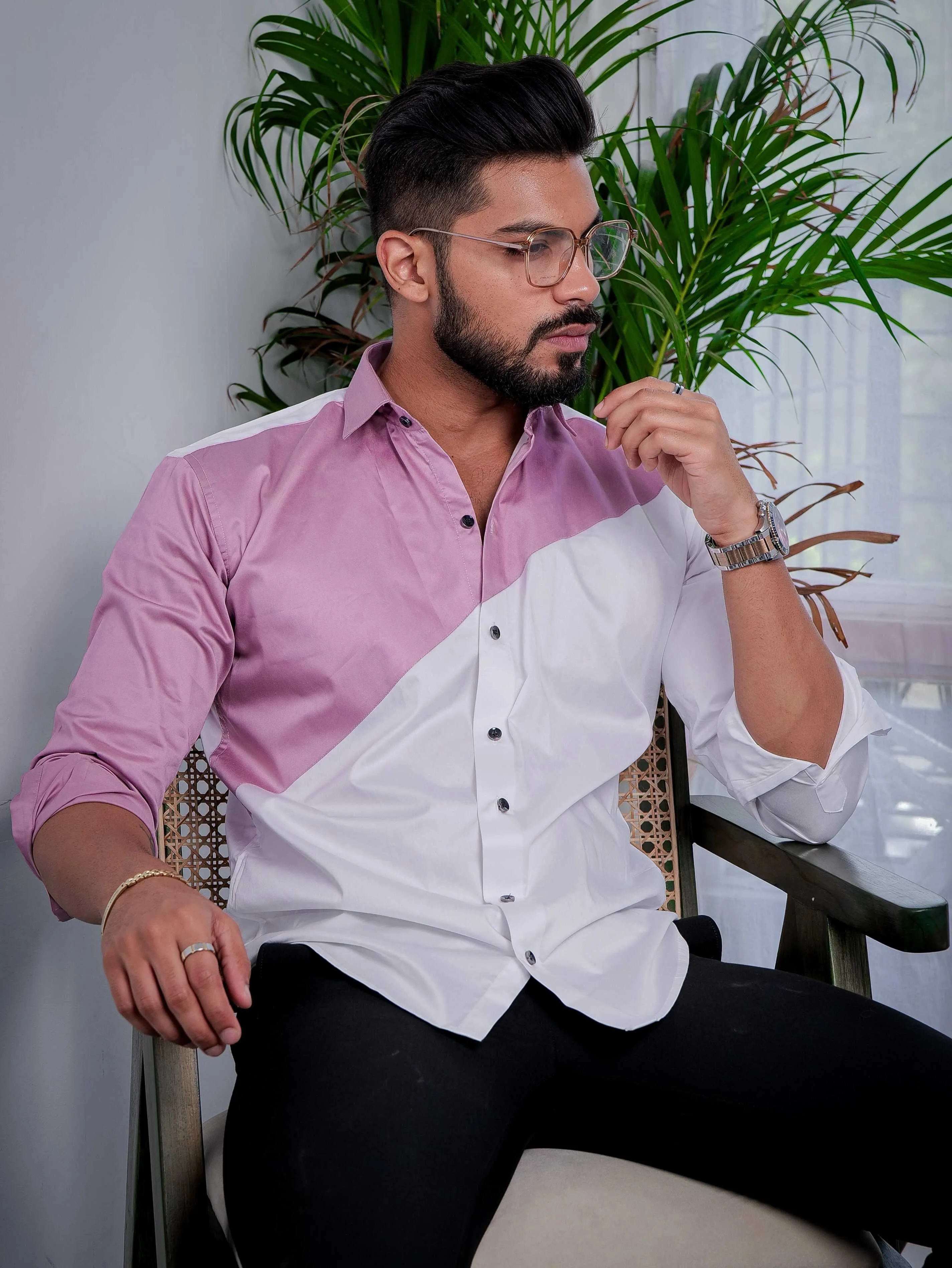 White And Purple Designer Satin Cotton Shirt