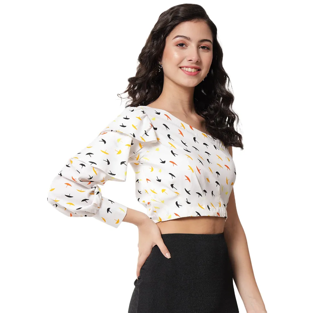 White Printed One Shoulder Crop Top for Women