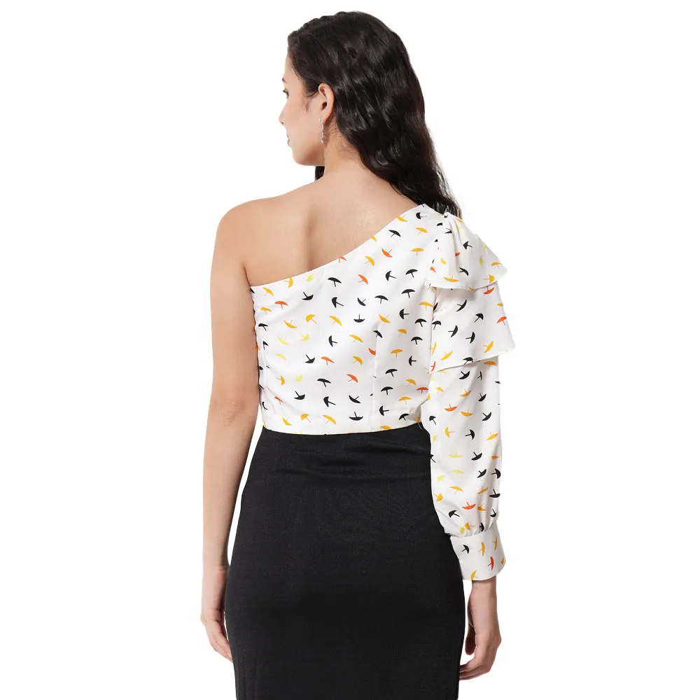 White Printed One Shoulder Crop Top for Women