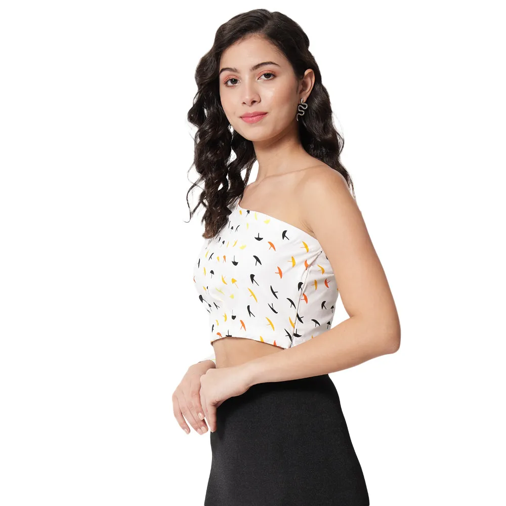 White Printed One Shoulder Crop Top for Women