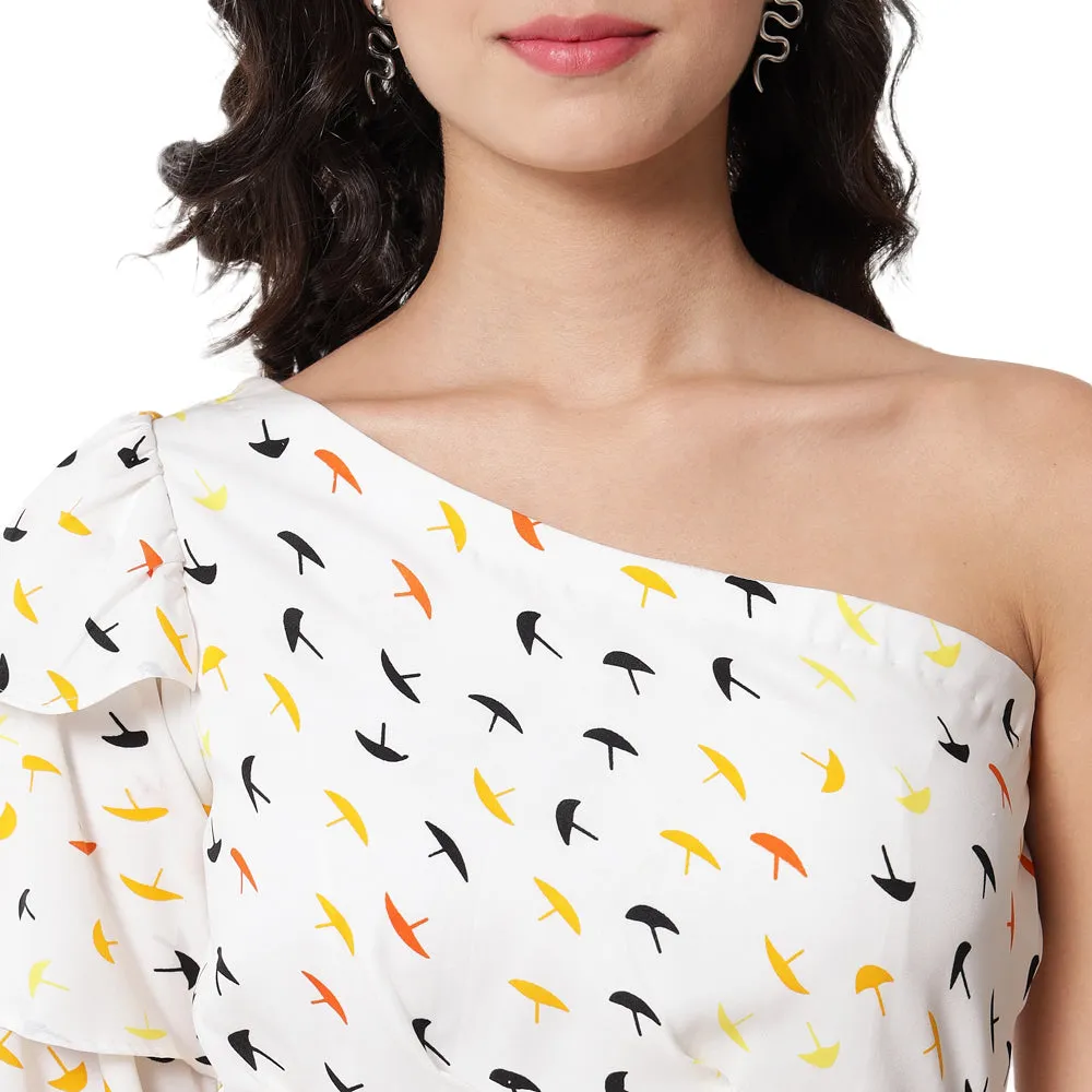 White Printed One Shoulder Crop Top for Women