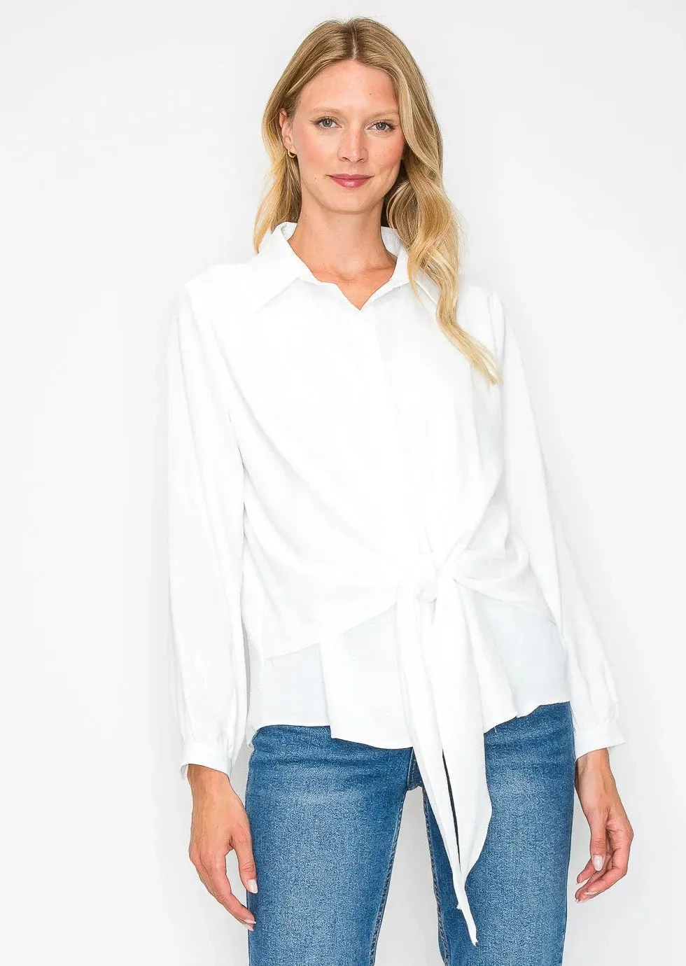 Wilma Tie Front Crepe Top - White #030