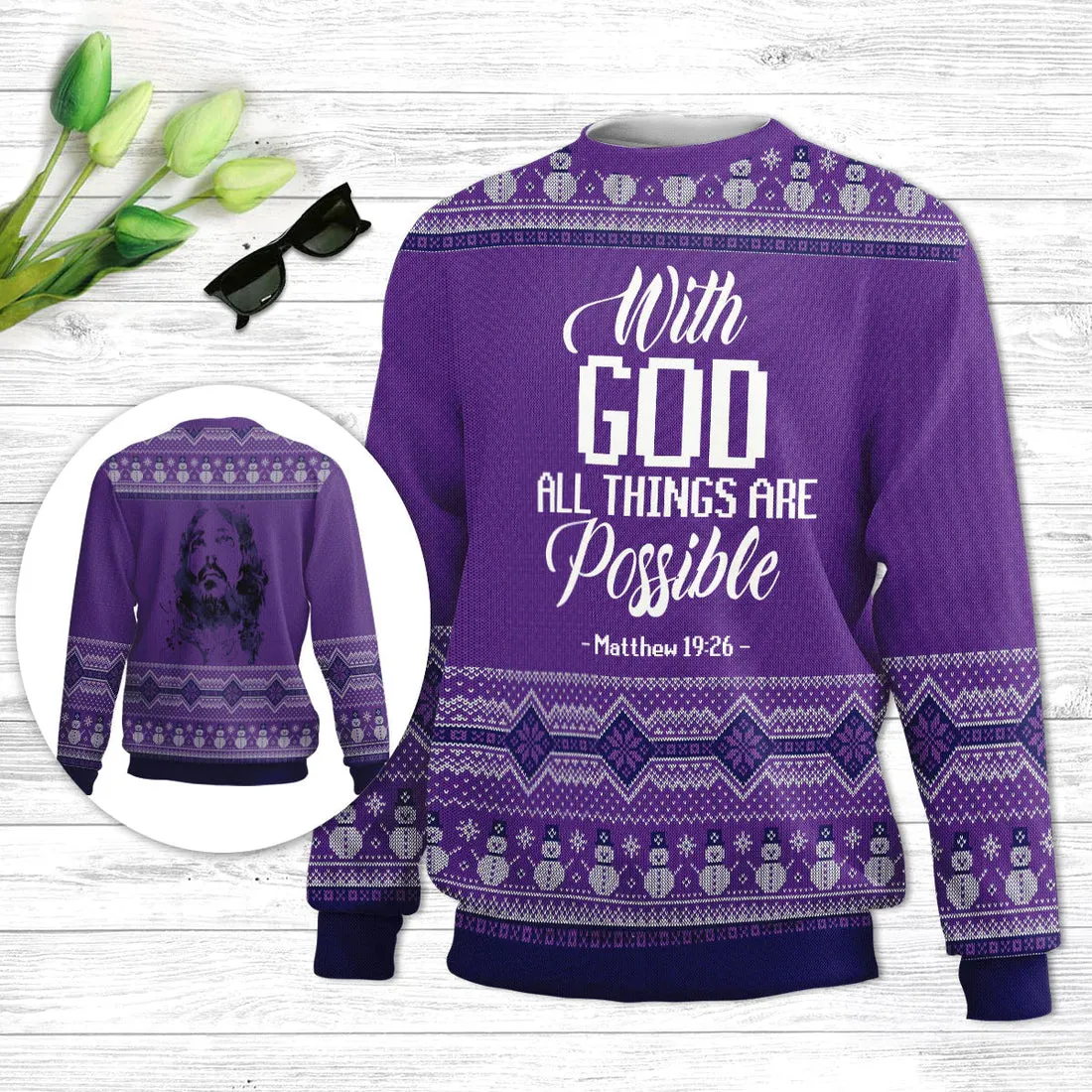 With God All Things Are Possible Purple Ugly Christmas Sweater, Christian Unisex Sweater