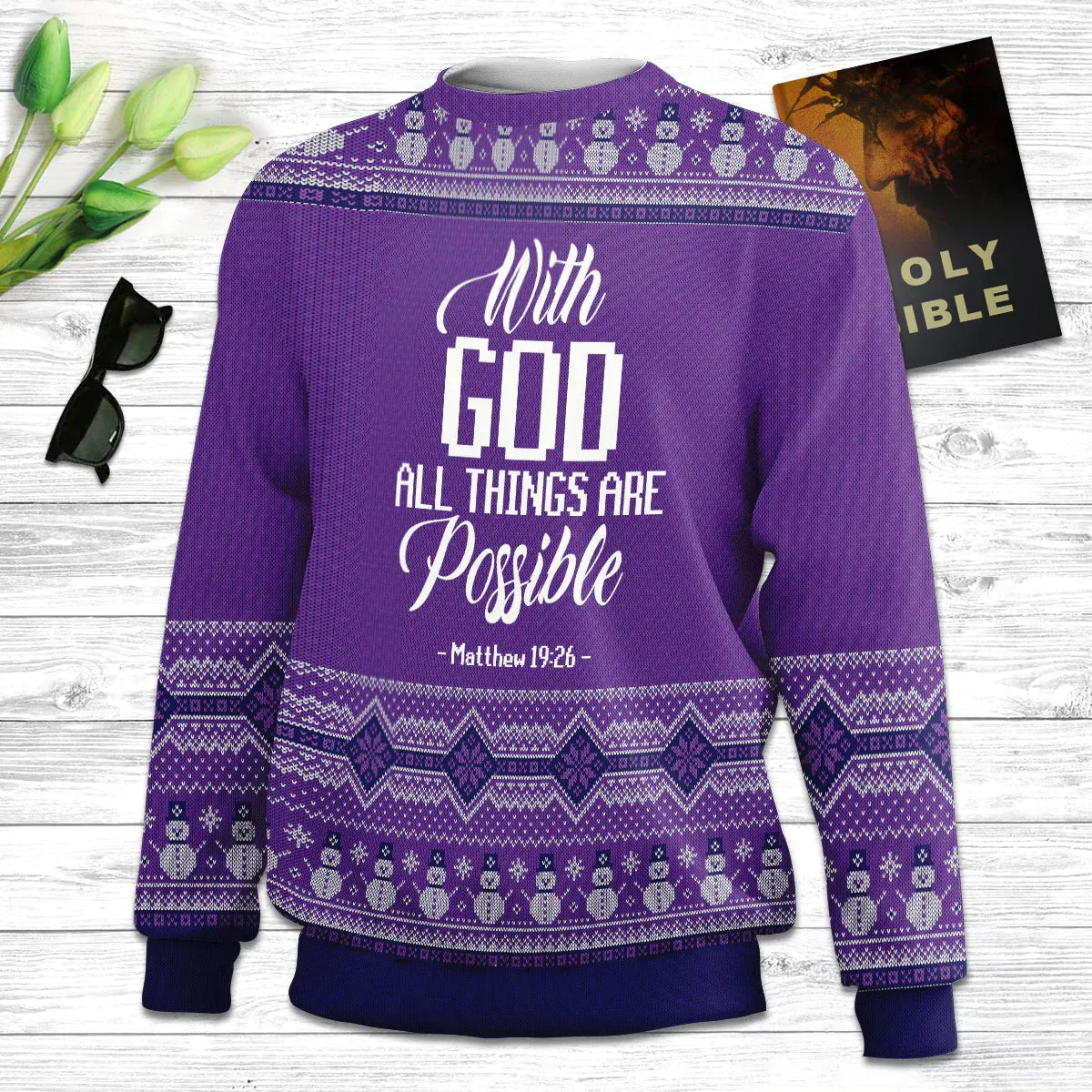 With God All Things Are Possible Purple Ugly Christmas Sweater, Christian Unisex Sweater