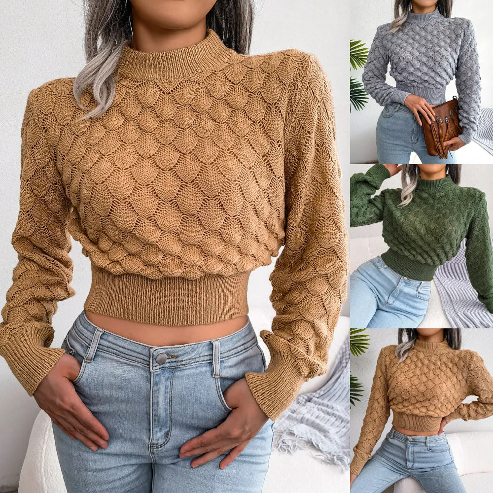 Women Fashion Fall Winter 3D Diamond Cutout Long Sleeve Solid Color Chic Crop Knit Sweater