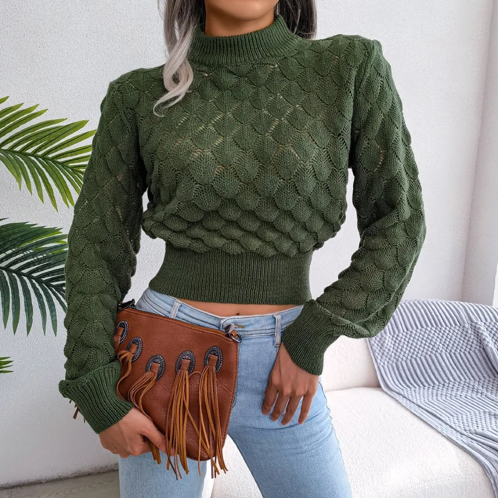 Women Fashion Fall Winter 3D Diamond Cutout Long Sleeve Solid Color Chic Crop Knit Sweater