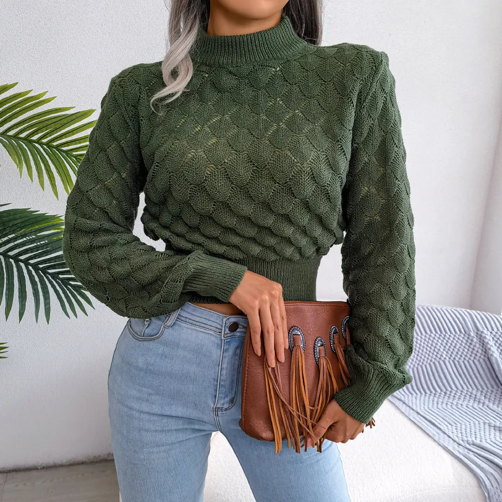 Women Fashion Fall Winter 3D Diamond Cutout Long Sleeve Solid Color Chic Crop Knit Sweater