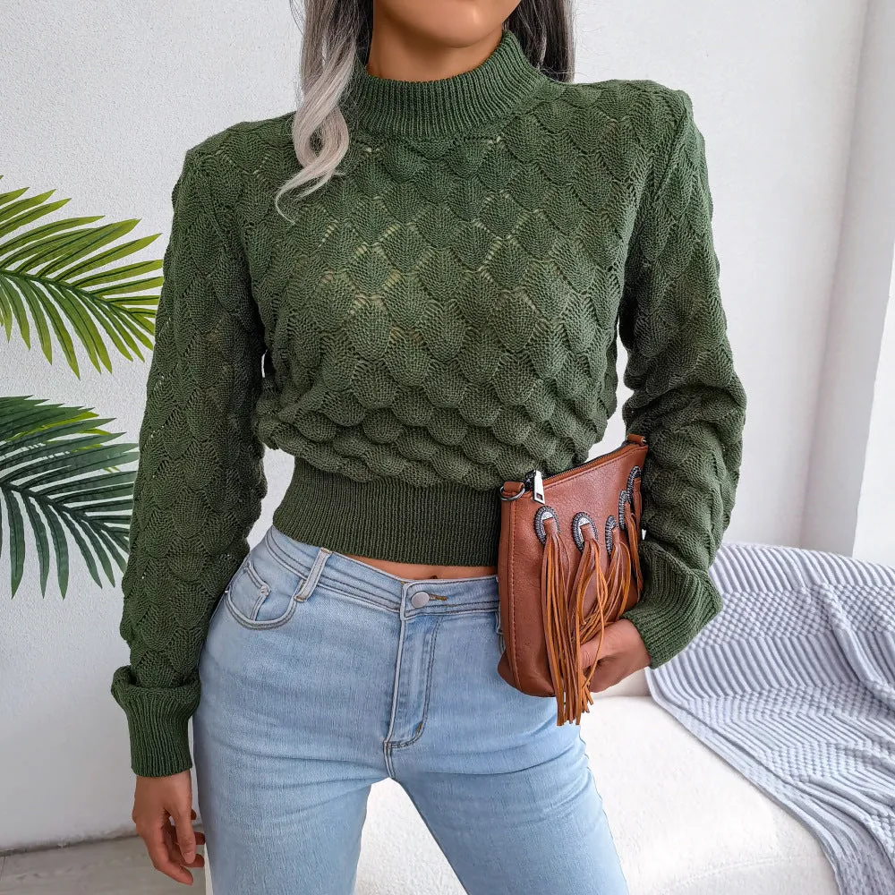 Women Fashion Fall Winter 3D Diamond Cutout Long Sleeve Solid Color Chic Crop Knit Sweater