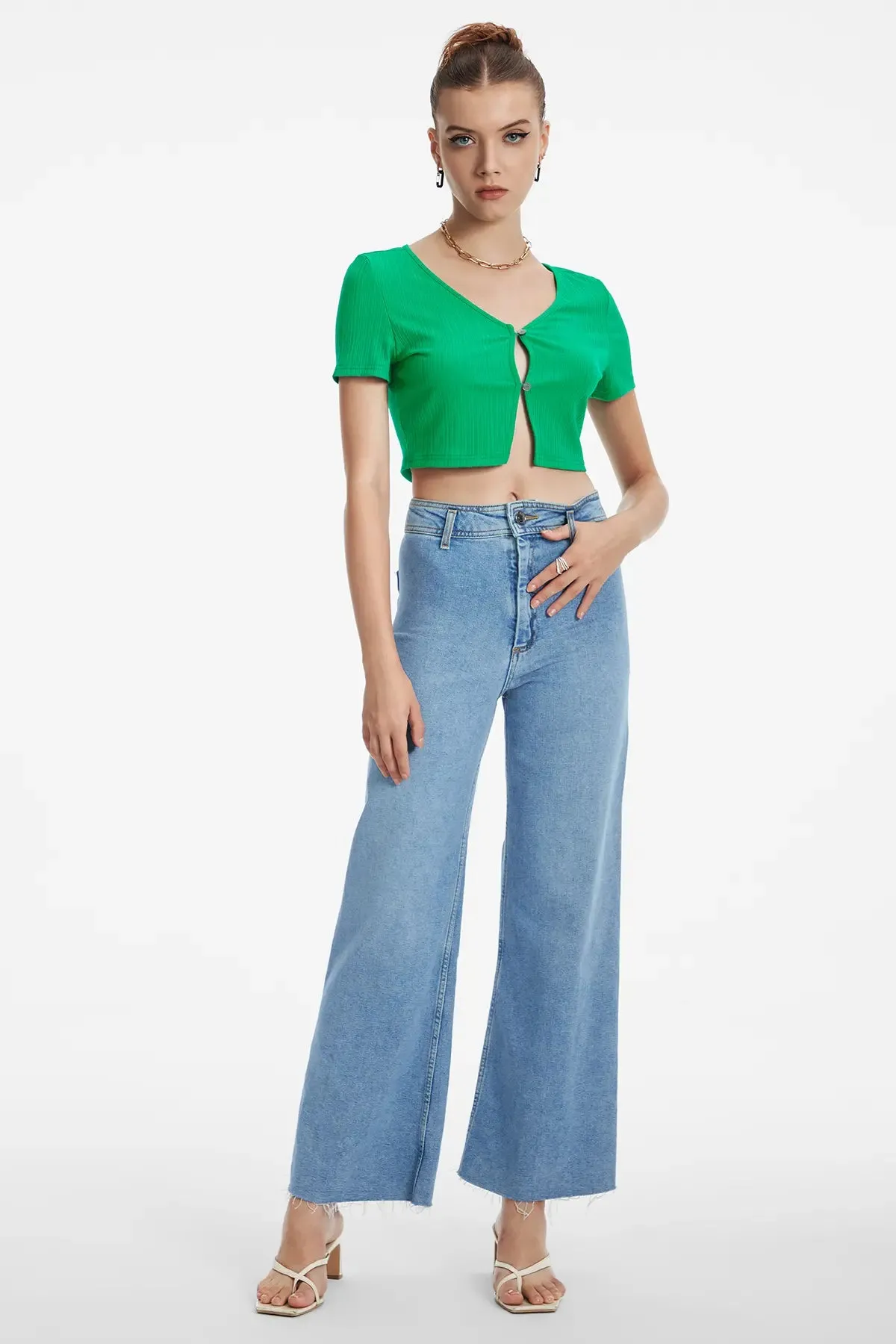 Women's Button Front Ruched Cut Out Crop Top