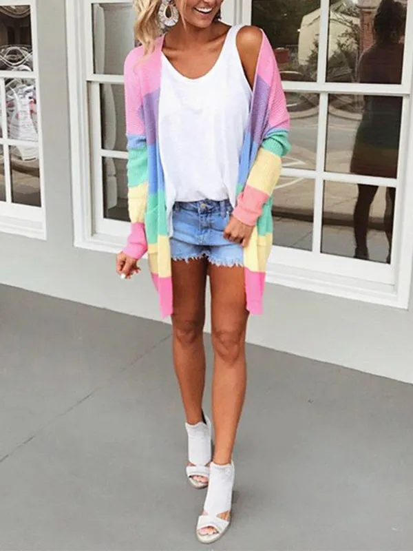 Women's Open Front Longline Cardigan With Contrast Rainbow Pattern